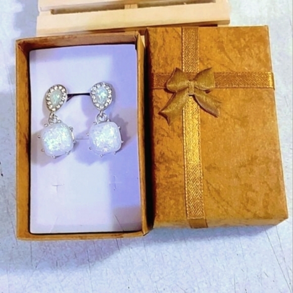 SYNTHETIC OPAL & CZ RHODIUM PLATED STAINLESS STEEL POST EARRINGS - Picture 5 of 6